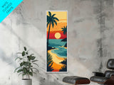 Sunset Beach with Palm Trees and Ocean View - Framed Canvas Print, Midcentury Modern Wall Art, Skinny Art, Tall Art, Living Room Decor