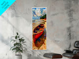 Stylized Red Boat on Tropical Beach - Framed Canvas Print, Midcentury Modern Wall Art, Skinny Art, Tall Art, Living Room Decor