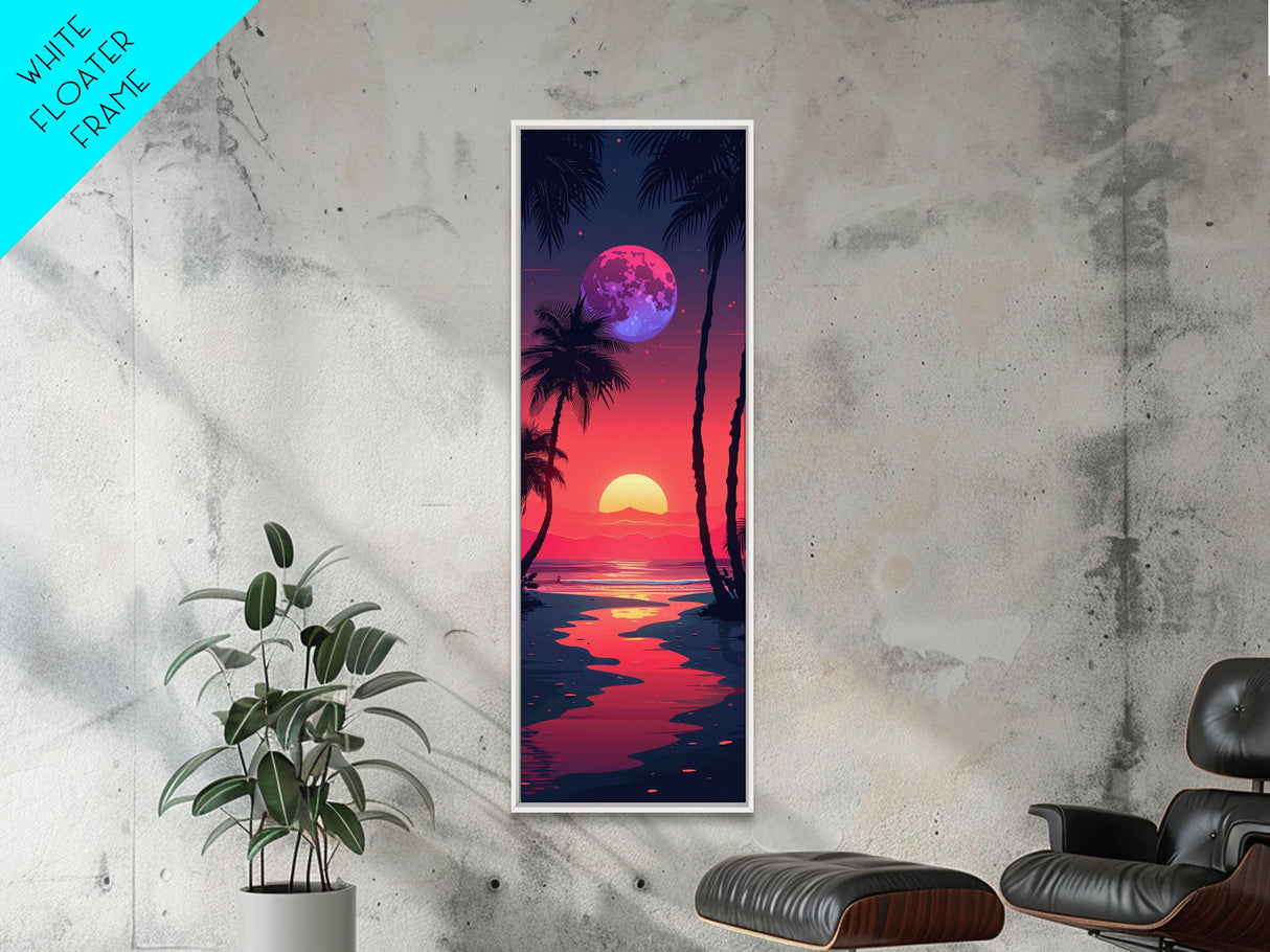 Moonlit Tropical Landscape Midcentury Modern Art - Framed Canvas Print, Boho Art, Skinny Art, Living Room Art, Bedroom Decor, Nighttime Beach