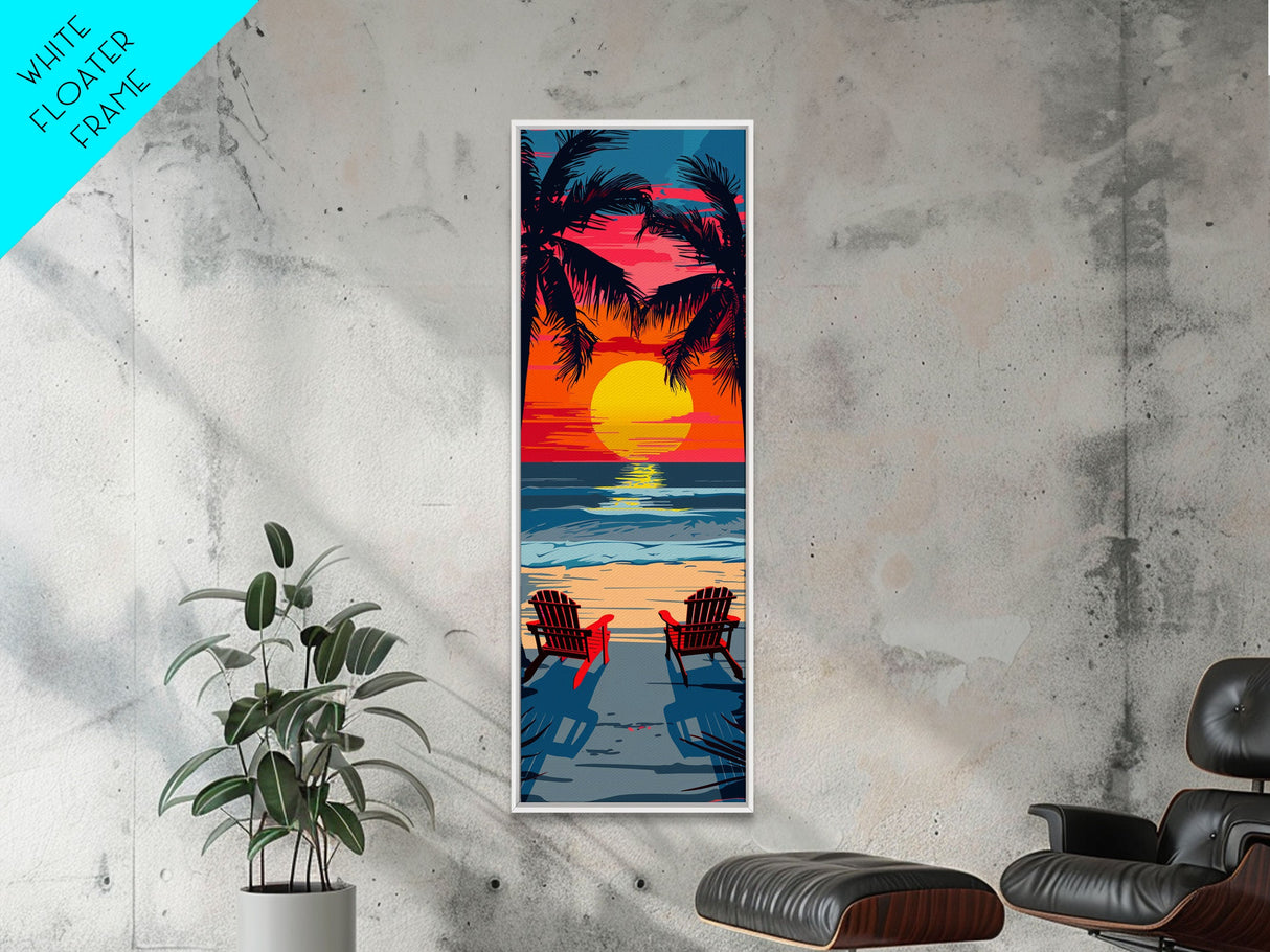 Sunset Beach Chairs Midcentury Modern Wall Art - Framed Canvas Print, Boho Art, Skinny Art, Living Room Art, Bedroom Decor, Tropical Landscape