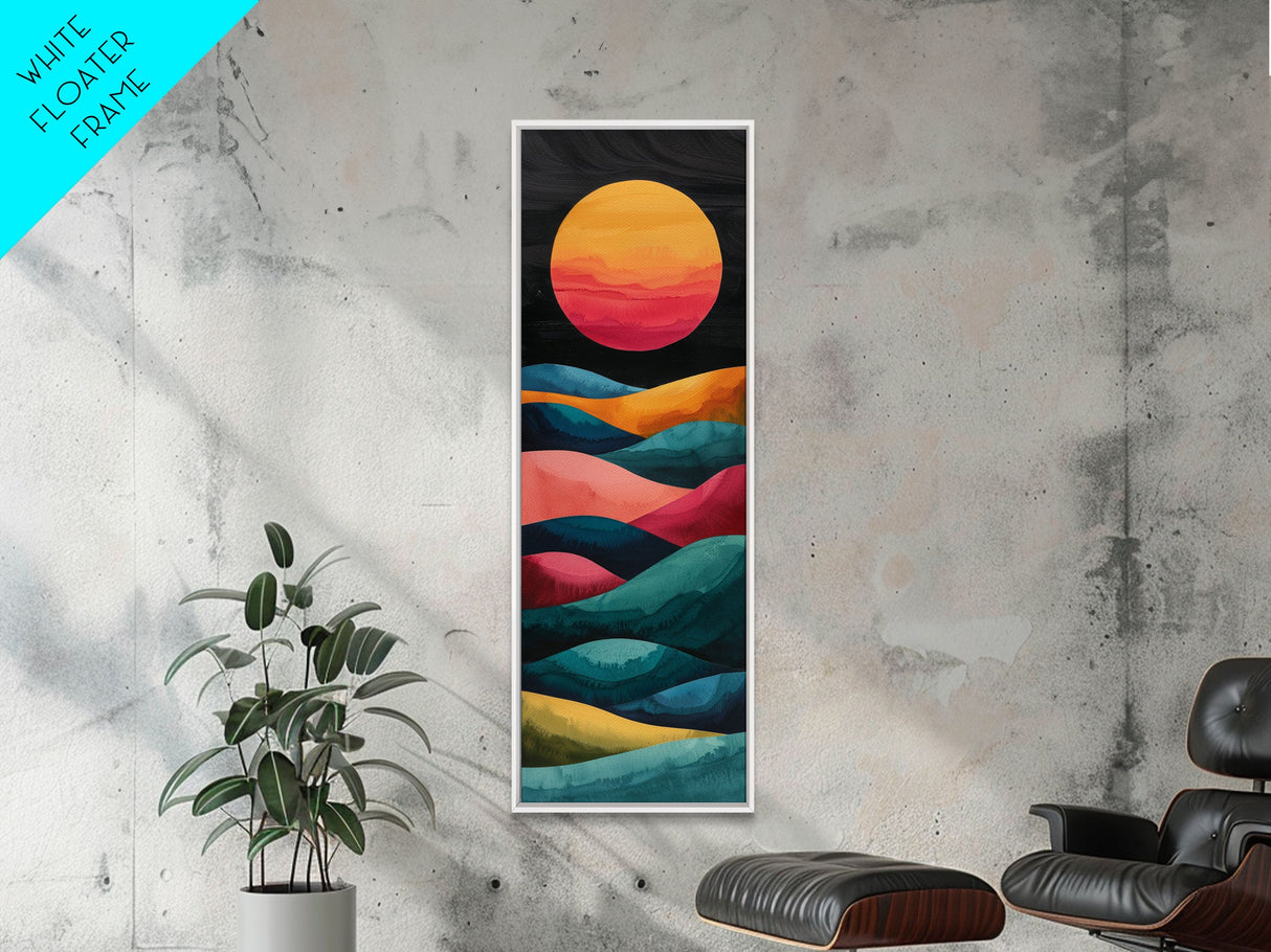 Abstract Sunset Over Hills Midcentury Modern Art - Framed Canvas Print, Boho Art, Skinny Art, Living Room Art, Bedroom Decor, Minimalist Landscape