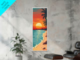 Serene Sunset Beach Scene Midcentury Modern Art - Framed Canvas Print, Boho Art, Skinny Art, Living Room Art, Bedroom Decor, Coastal Landscape