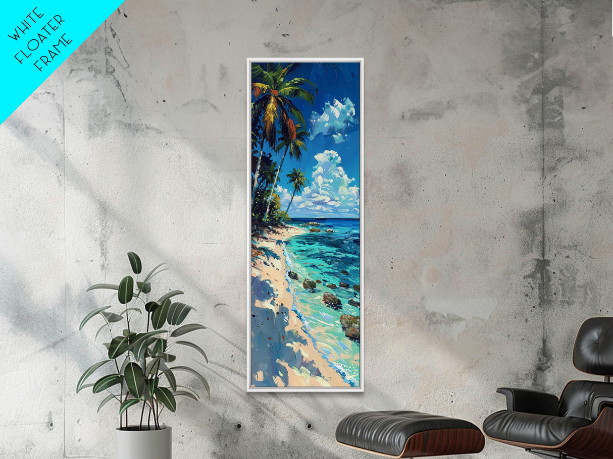 Tropical Beach Scene With Palm Trees Skinny Art Framed Canvas Print For Living Room Or Bedroom Wall Art