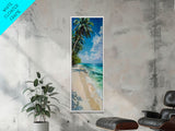 Sunny Coastal Beach Scene With Shaded Palm Trees Skinny Art Framed Canvas Print For Living Room Wall Art