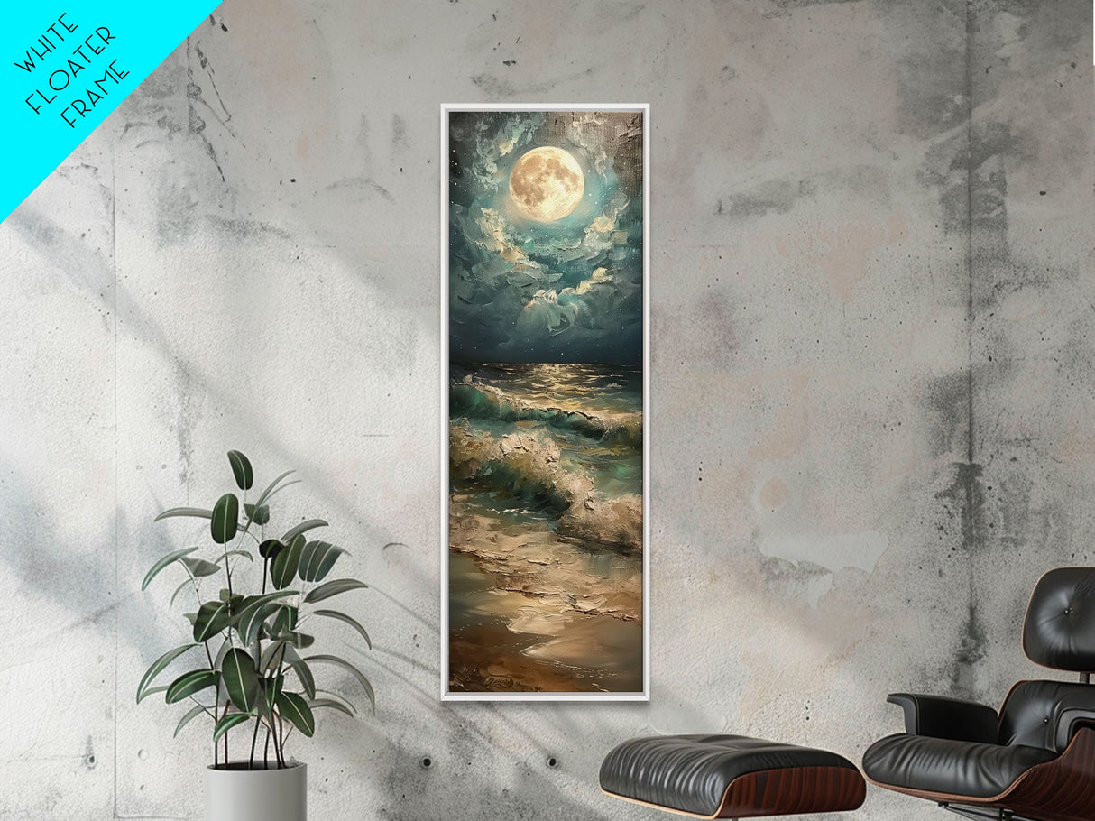 Mystical Moonlit Waves and Reflections Over the Ocean, Skinny and Tall Art, Captivating Landscape Painting, Framed Canvas Print, Wall Decor