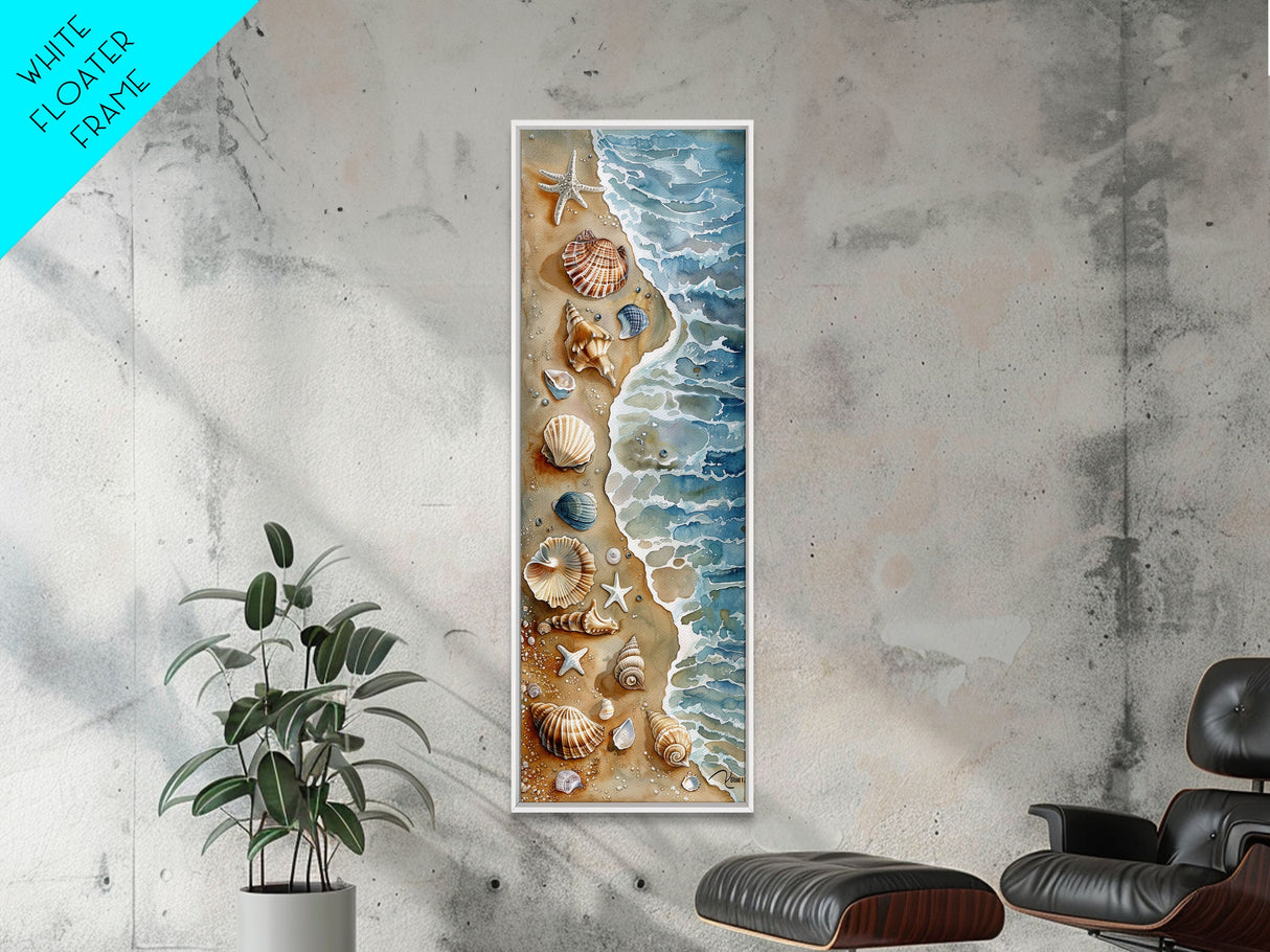 Seashells and Starfish Beach Art - Framed Canvas Print, Skinny Tall Art, Coastal Wall Art, Living Room Decor, Bedroom Art, Seashell Painting