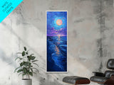 Vibrant Night Sky Over the Ocean with Full Moon, Skinny and Tall Art, Bold and Colorful Framed Canvas Print, Landscape Wall Art