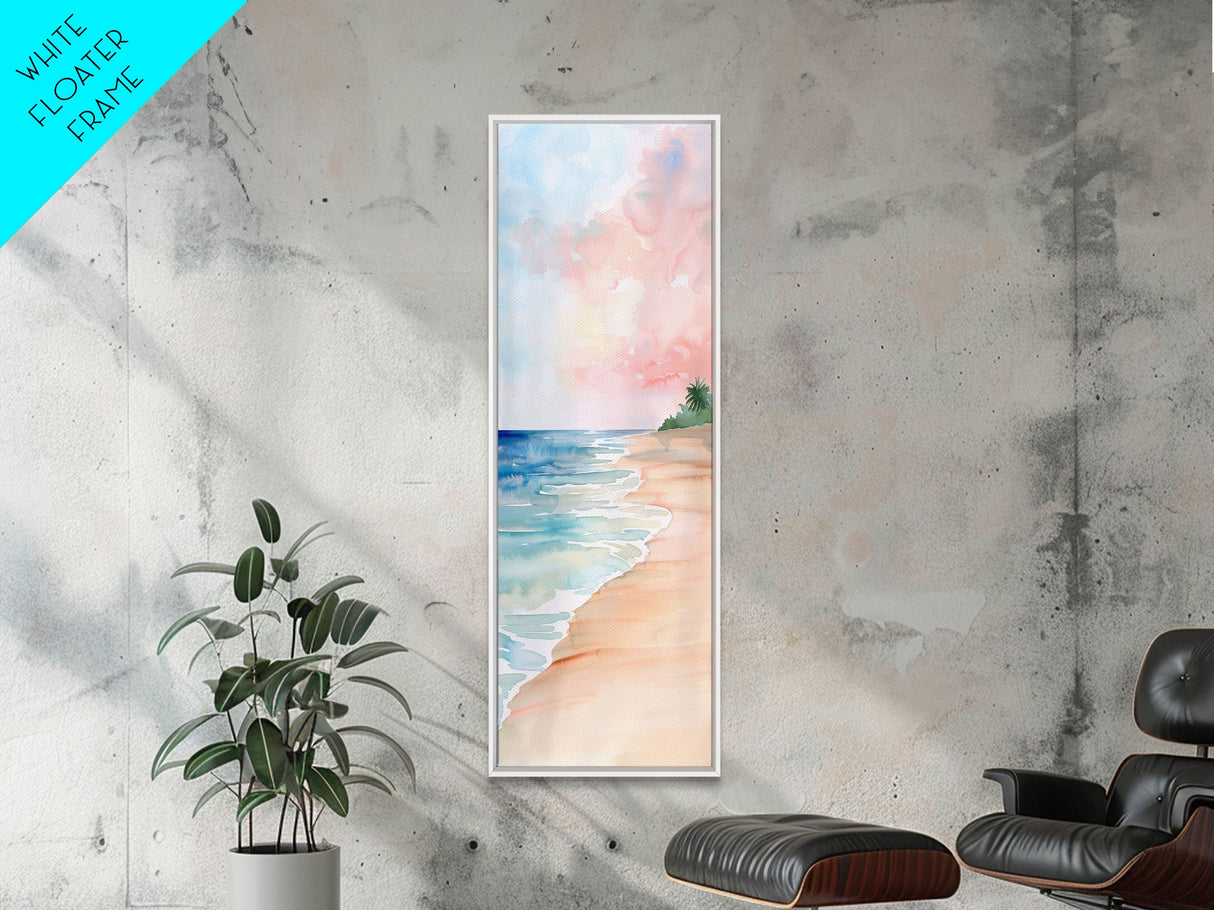 Soft Beach Pastel Scene - Framed Canvas Print, Farmhouse Art, Boho Art, Skinny Art, Tall Art, Living Room Decor, Coastal Wall Art for Home Decor