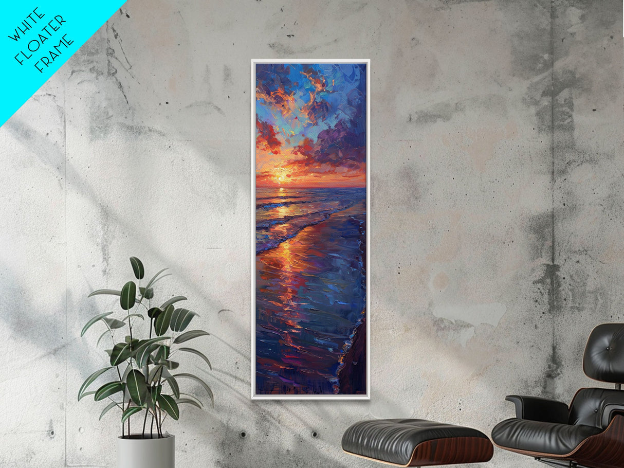 Framed Canvas Print of a Colorful Skinny Art Sunset Over the Ocean with a Vibrant Sky Reflecting on the Water in this Tall Coastal Landscape Art