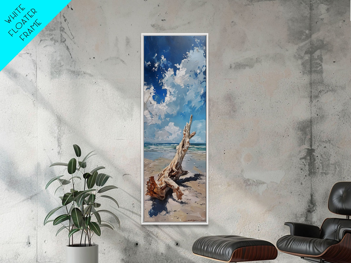 Framed Canvas Print Tall Art Featuring a Piece of Driftwood on a Sandy Beach with Bright Blue Sky and Ocean Waves, Ideal Skinny Art for Coastal Homes