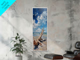 Framed Canvas Print Tall Art Featuring a Piece of Driftwood on a Sandy Beach with Bright Blue Sky and Ocean Waves, Ideal Skinny Art for Coastal Homes