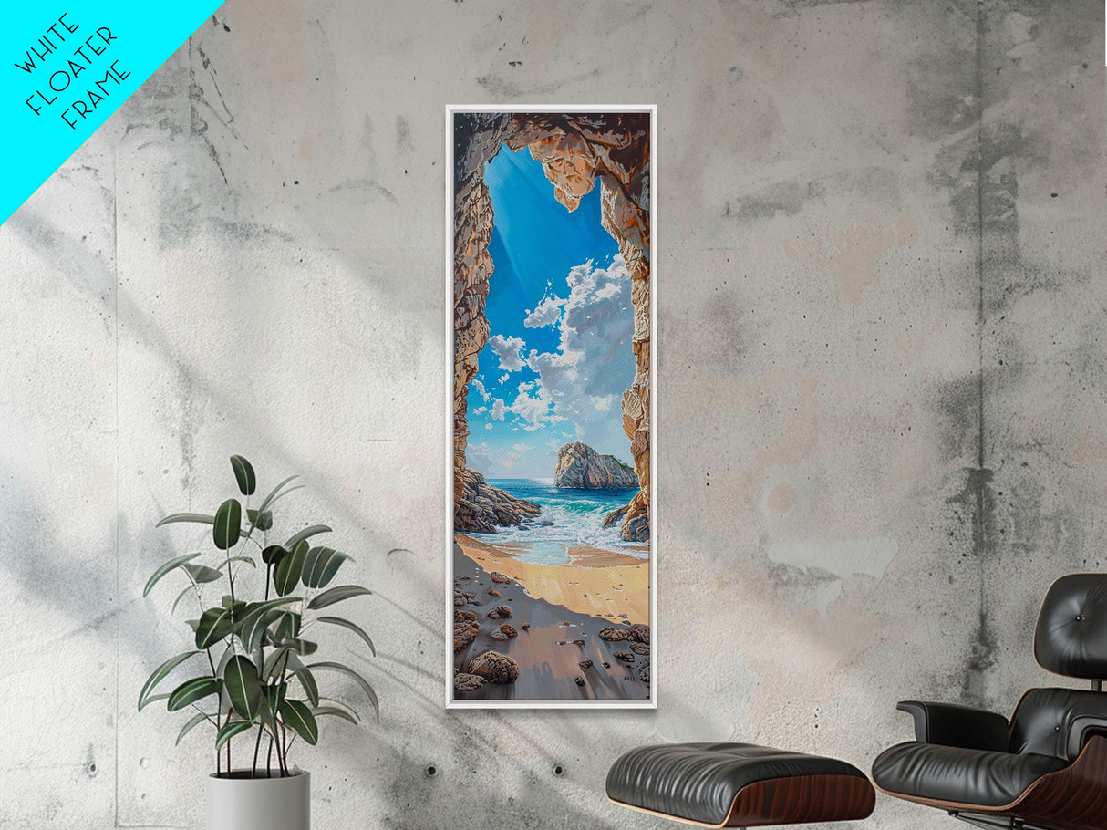 Framed Canvas Print Skinny Art of a Sunlit Beach Scene Framed by Rocky Cliffs, Overlooking a Crystal Blue Sea Under a Clear Sky, Perfect Tall Coastal Art