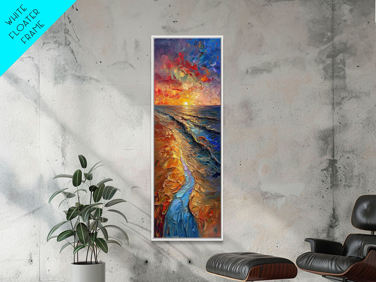 Framed Canvas Print Skinny Art of a Vibrant Sunset Over a Rolling Ocean with Dramatic Colors in the Sky and Water, Ideal Tall Art for Modern Spaces