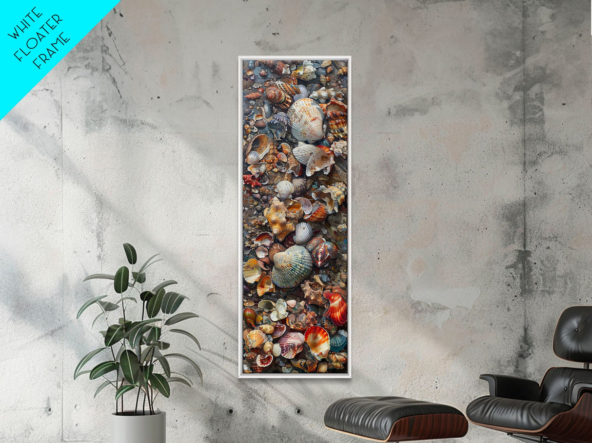 Framed Canvas Print Skinny Art of a Variety of Colorful Seashells Arranged in a Textured Pattern, Perfect Tall Art for Beach Themed Rooms