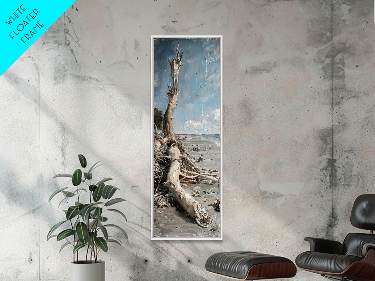 Framed Canvas Print Skinny Art of a Weathered Driftwood Tree Trunk on a Sandy Shore with a Calm Ocean Backdrop, Ideal Tall Art for Coastal Decor