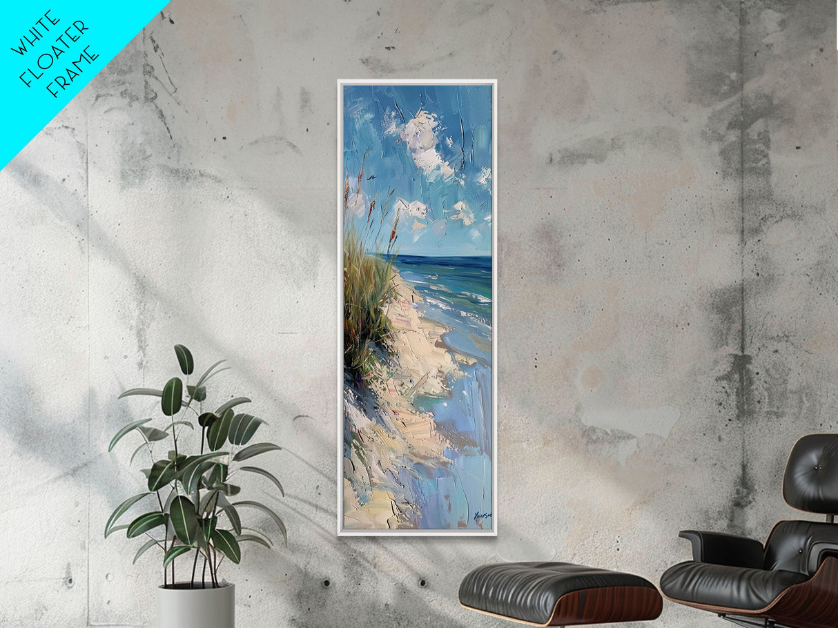 Framed Canvas Print Skinny Art of a Peaceful Beach Scene with Sea Oats Blowing in the Wind and Gentle Waves in the Background, Perfect Tall Art for Homes