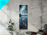 Lake Life, Framed Canvas Print, Summer At The Lake, Dock and Lilly Pads, Skinny Tall Panoramic Landscape Painting, Living Room Art