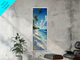 Tropical Beach Paradise With Swaying Palms, Boho And Farmhouse Art For Coastal Decor, Tall Canvas Print In Minimalist Style