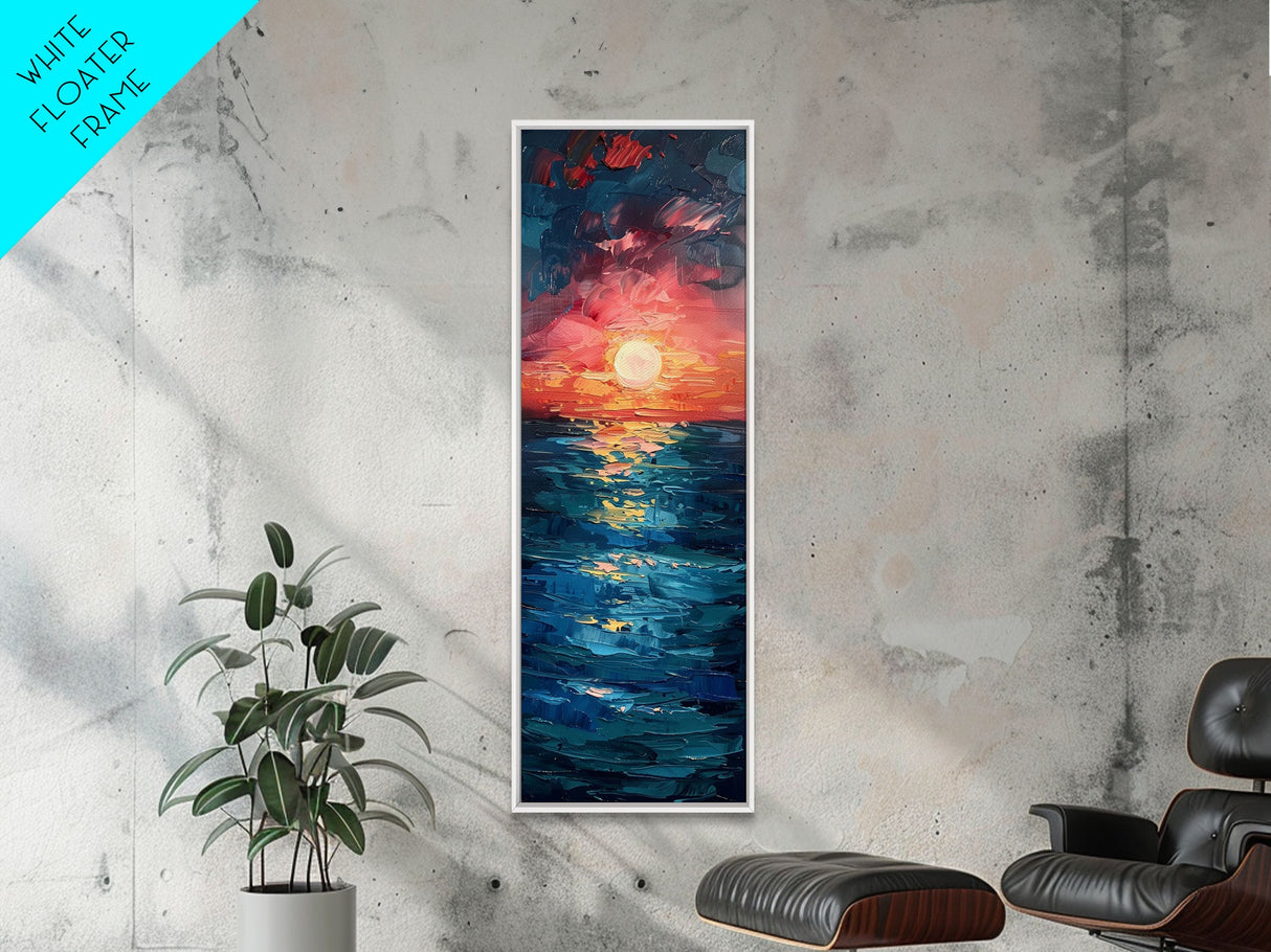 Serene Coastal Sunset Warm Ocean Minimalist Wall Art Framed Canvas Print Tall Art Japanese Style Art