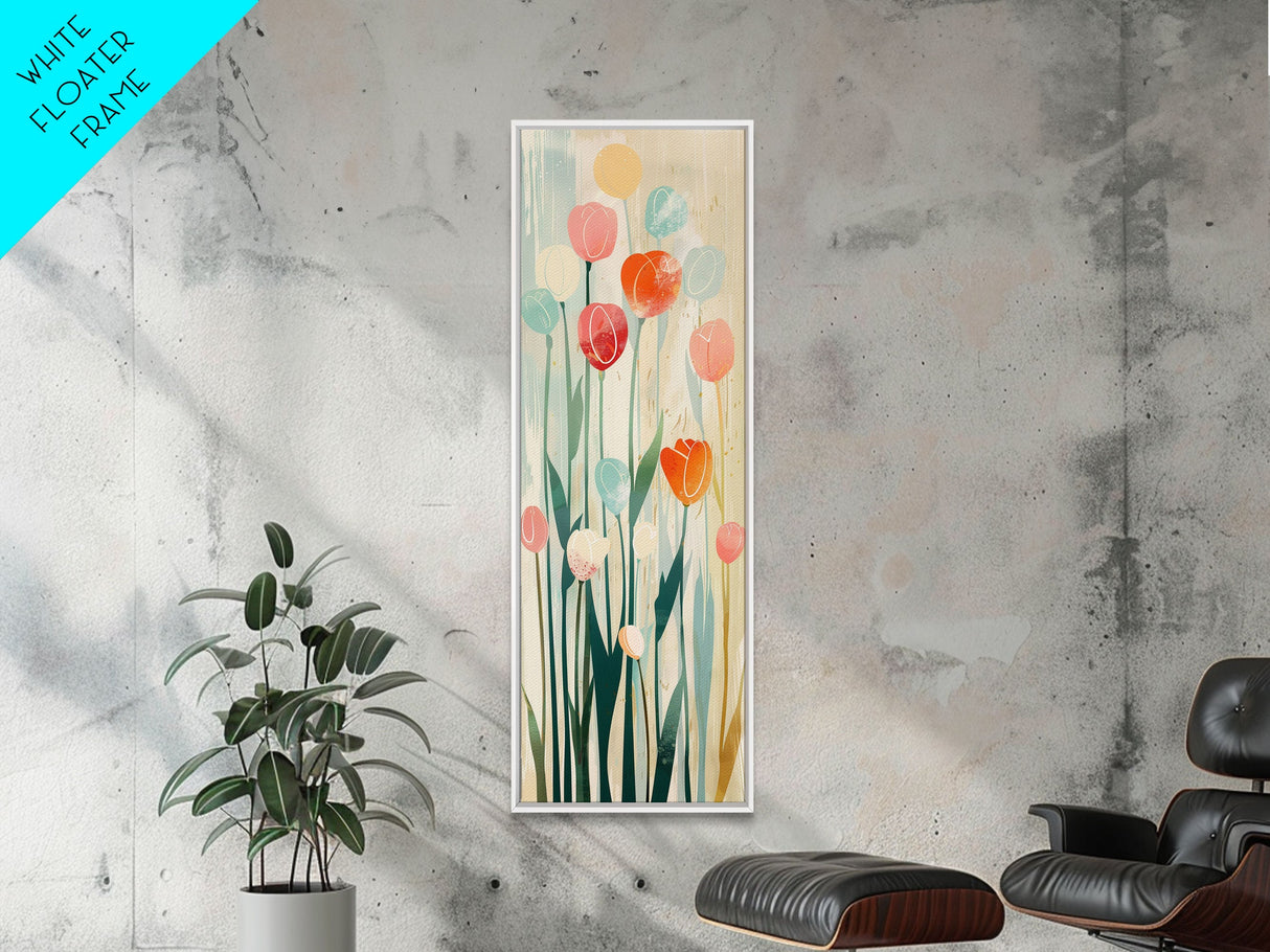 Abstract Tulips, Pastel Colors, Japanese Art, Skinny Art, Tall Art, Framed Canvas Print, Ukiyo-e Style