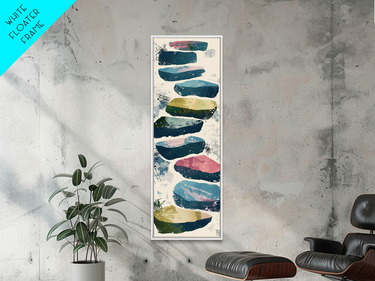 Skinny Art Tall Art Framed Canvas Print Abstract Stepping Stones In Varied Colors Over A Neutral Background Ukiyo-e Japanese Style Art