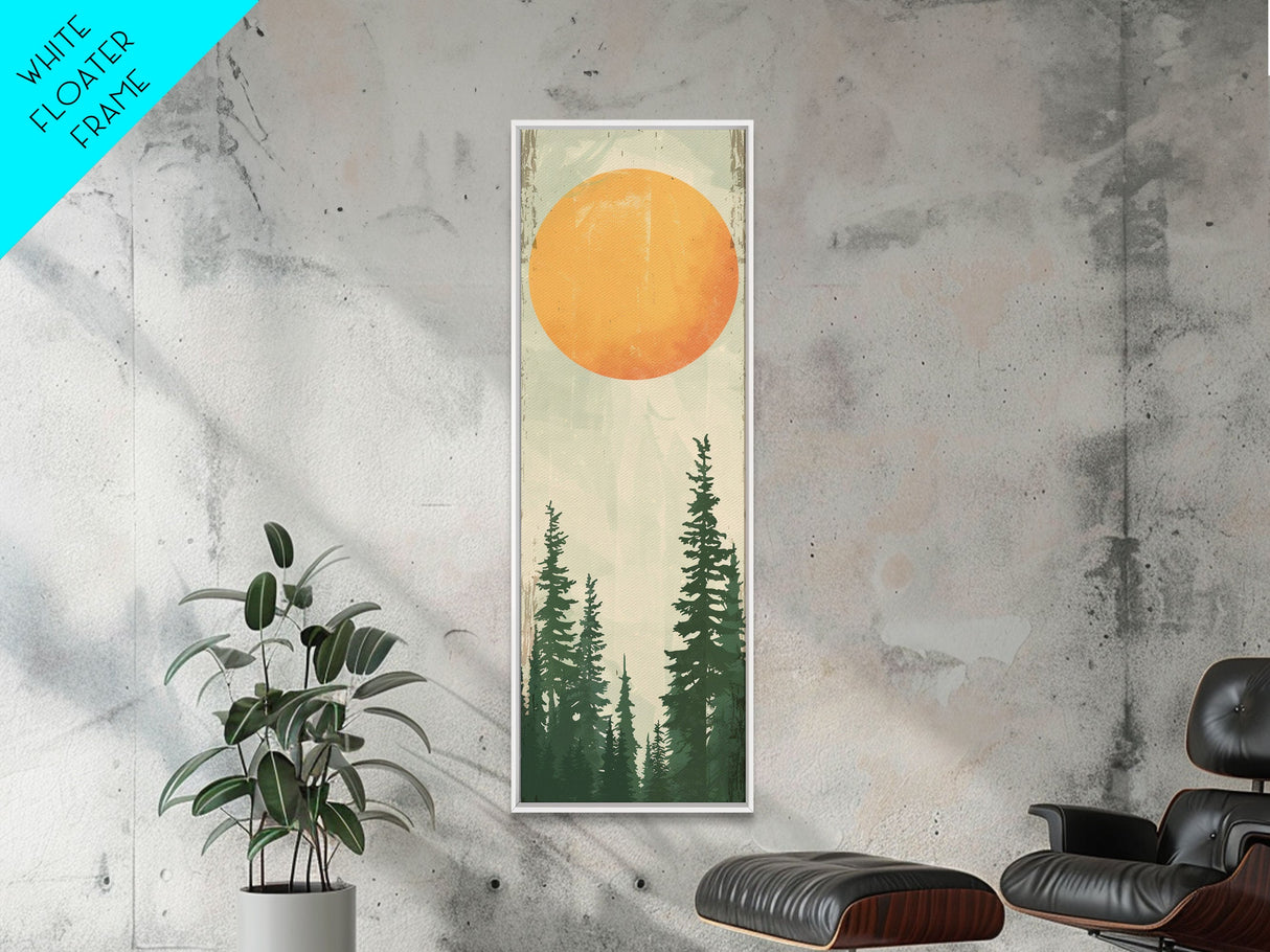 Abstract Sun Over Forest Silhouette Earth Tones Skinny Art Tall Art Framed Canvas Print Japanese Style Art Ukiyo-e Art Wood Block Print Minimalist