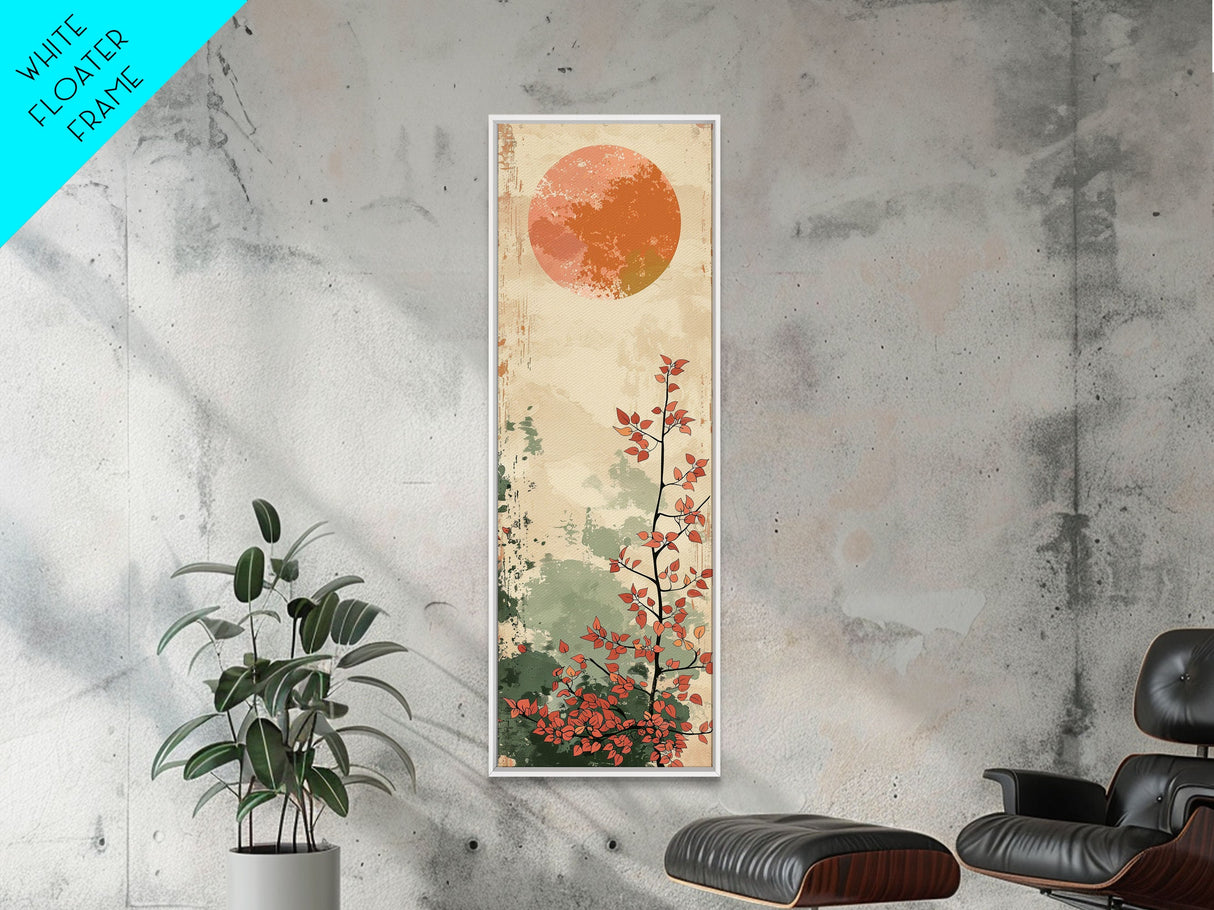 Abstract Sun Over Branch With Red Leaves Framed Canvas Print Ukiyo-e Wall Art Tall Art Wood Block Print Skinny Art Japanese Style