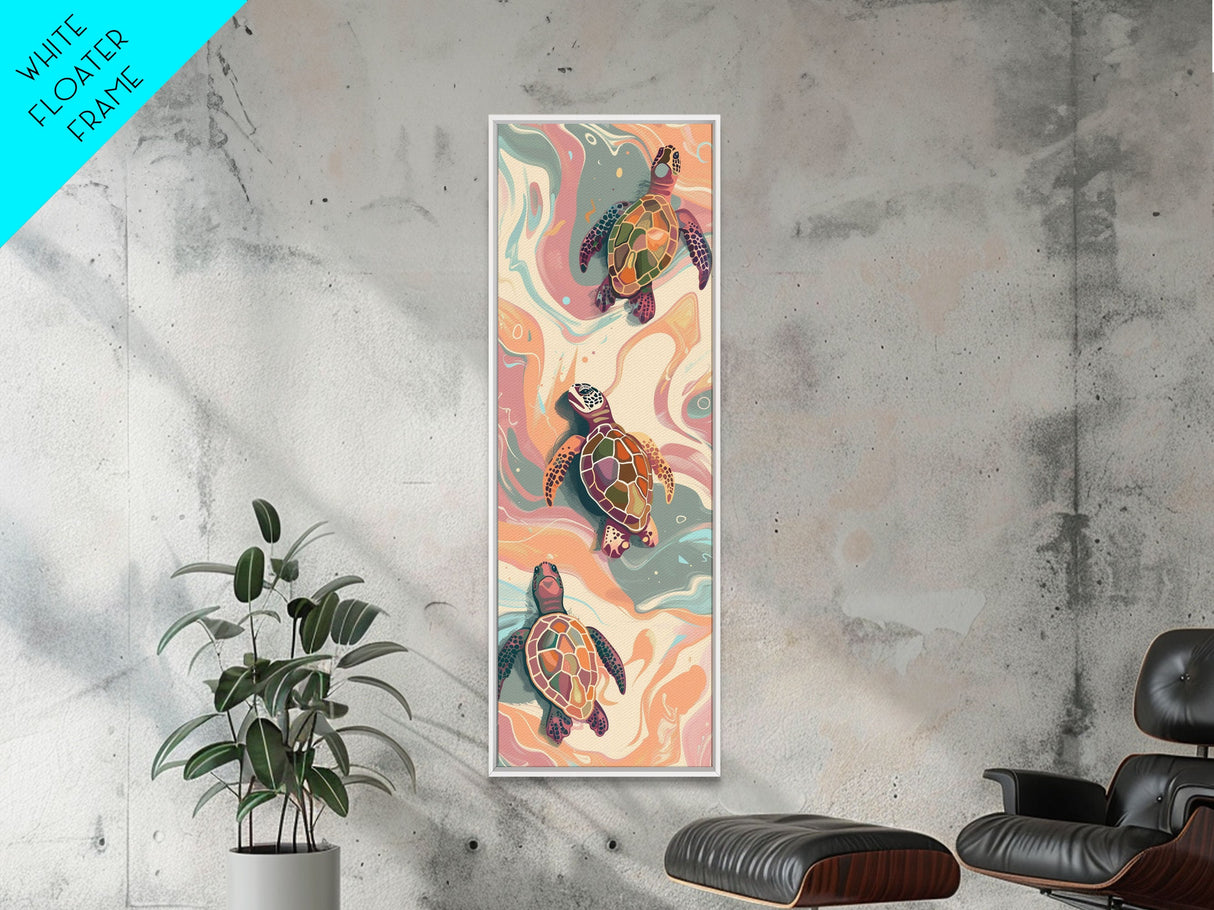 Sea Turtles Marine Life Japanese Style Art On Framed Canvas Print Ukiyo-e Tall Skinny Oceanic Wood Block Wall Decor