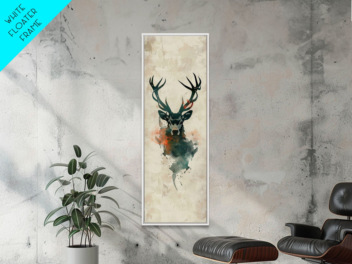 Stag Silhouette Japanese Style Tall Wall Art Skinny Framed Canvas Print Abstract Background