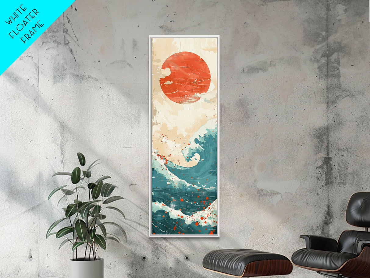 Red Sun and Ocean Waves Skinny Wall Art Framed Canvas Print in Cream and Teal Tones with Red Splashes Japanese Art