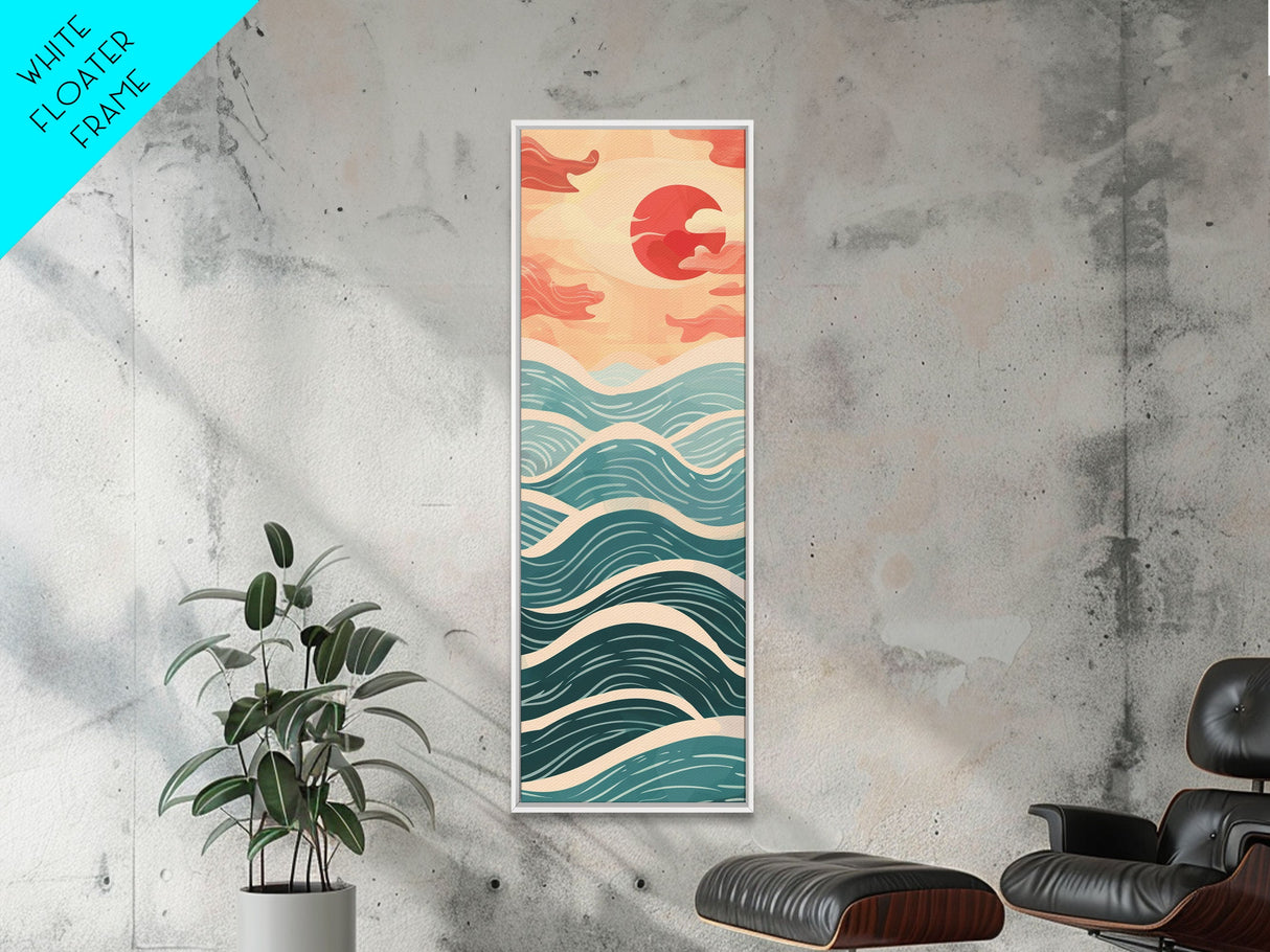 Ocean Waves and Red Sun Japanese Art Skinny Wall Art Framed Canvas Print in Minimalist Style with Dynamic Flowing Waves