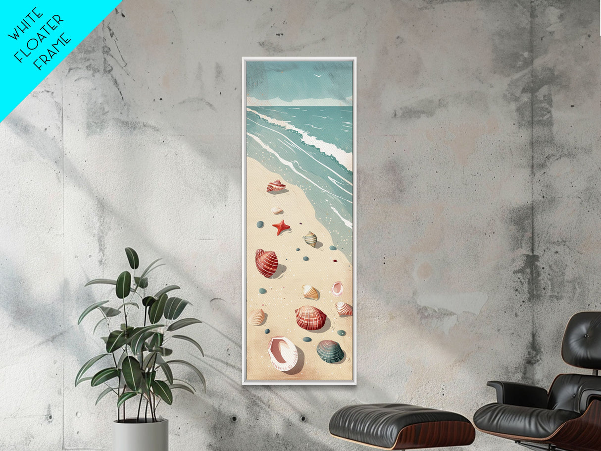 Japanese Style Art Featuring A Serene Beach Scene With Seashells And Gentle Waves, Skinny Art, Tall Art, Ukiyo-e Art, Framed Canvas Print, Wood Block Print