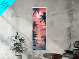 Serene Sunset With Palm Trees And Tranquil Ocean Reflection Ukiyo-e Wood Block Tall Skinny Art Framed Canvas Print