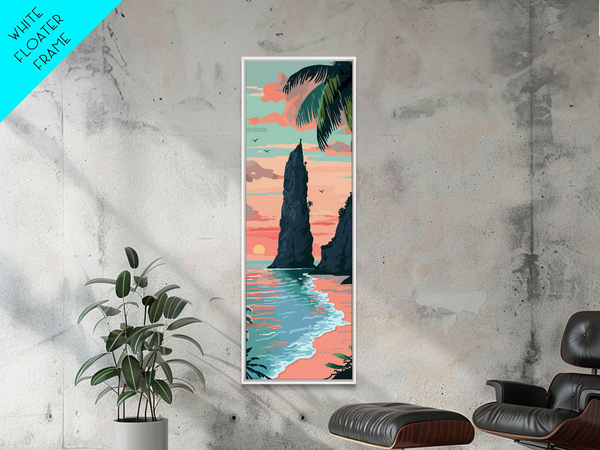 Towering Coastal Rock Formation During Sunset With Palm Trees For Serene Beach Wall Art Japanese Style Framed Canvas Print