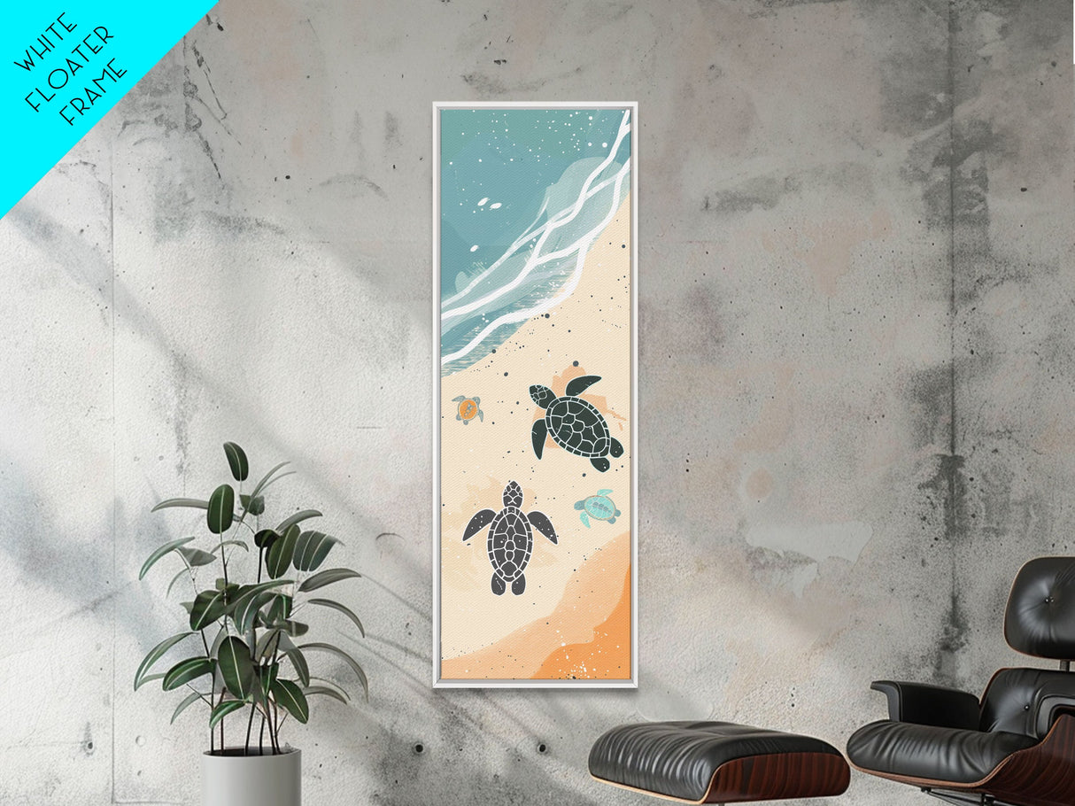 Sea Turtles On Japanese Beach Canvas Print, Ukiyo-e Woodblock Style, Framed Canvas Print, Tall Skinny Japanese Wall Art, Ready To Hang