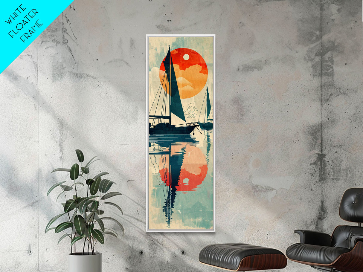 Serene Sunset Sailing Skinny Art Tall Art Japanese Ukiyo-e Inspired Ocean Framed Canvas Print for Home and Office Decor