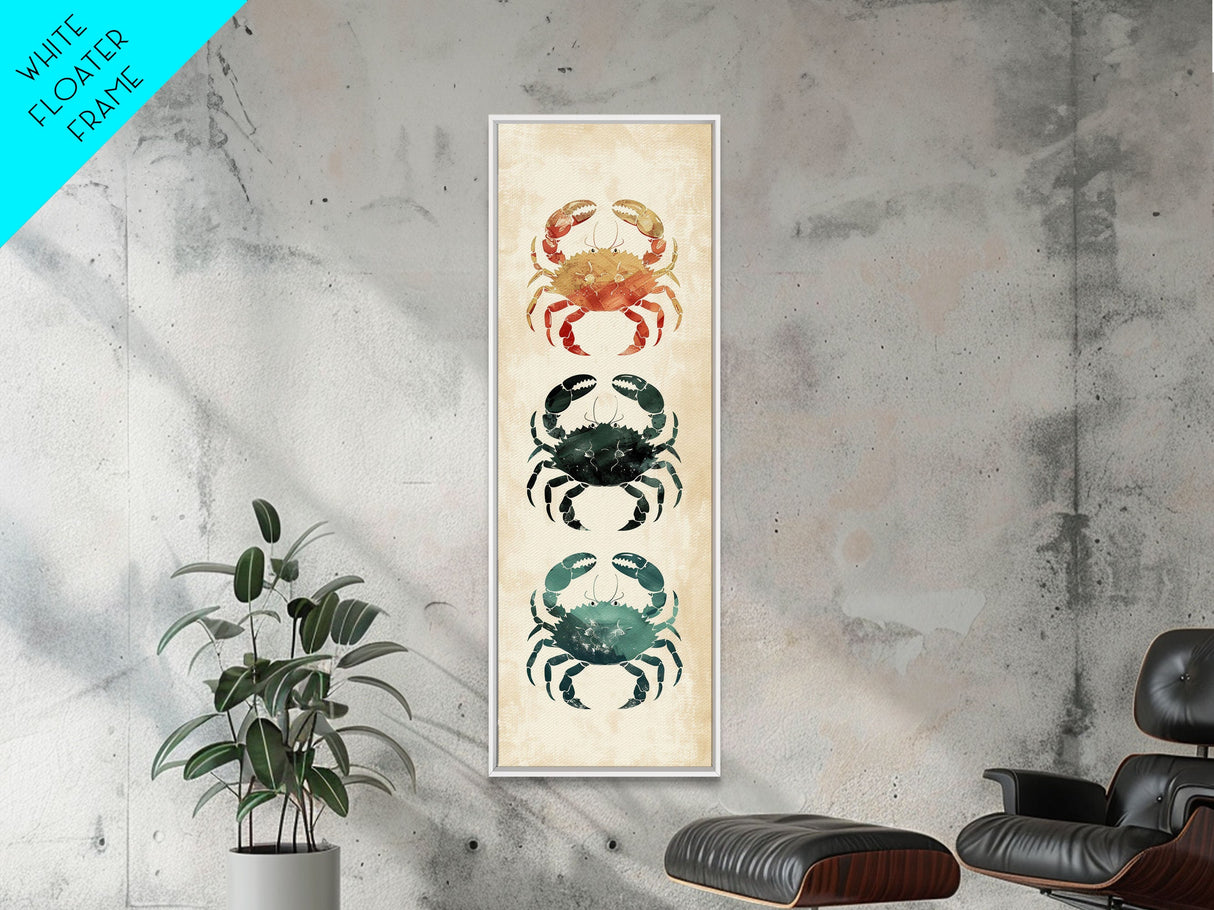 Coastal Crabs Skinny Art Tall Art Japanese Ukiyo-e Inspired Nautical Framed Canvas Print for Beach House or Ocean Lovers