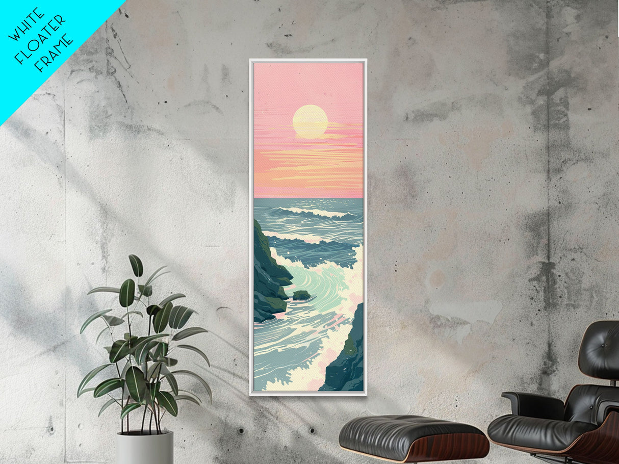 Tranquil Ocean Sunset with Soft Waves Crashing against Rocky Shoreline - Skinny Art, Japanese Wall Decor, Framed Canvas Print, Ukiyo-e Style