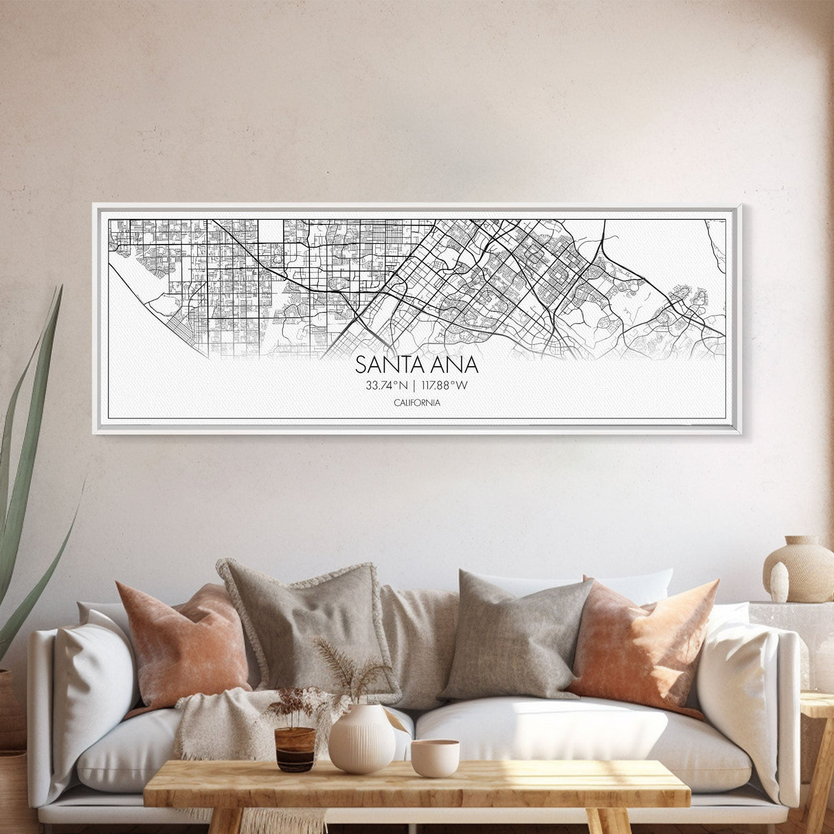 Panoramic Santa Ana City Map, California Art, Map Print, Minimalist Wall Art, Canvas Art, Housewarming Gift, Street Map Art, Closing Gift