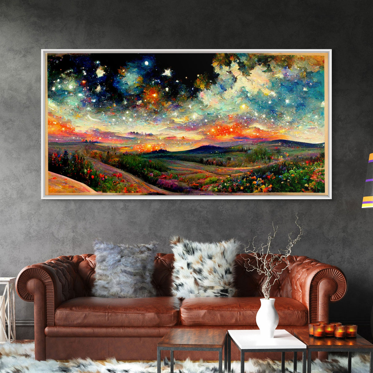 Night Starry Sky Landscape On Canvas Print Colorful Night Sky Painting Nature Painting Living Room Wall Art Spiritual Starry Painting