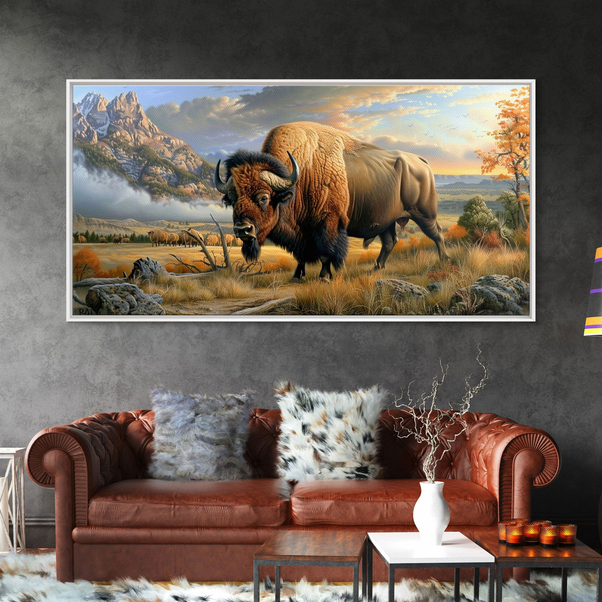 Majestic Bison in Autumn Landscape, Framed Canvas Print, Perfect for Living Room Art, Rustic Home Decor, Western Themed Bedroom Wall Art