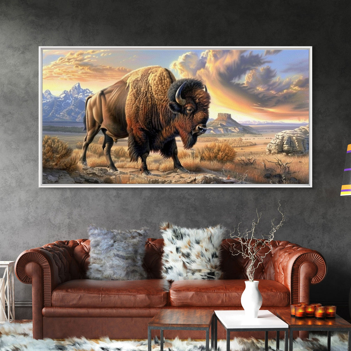 Lone Bison Roaming the Plains, Framed Canvas Print, Great for Living Room Art, Rustic Home Decor, Western Style Bedroom Wall Art