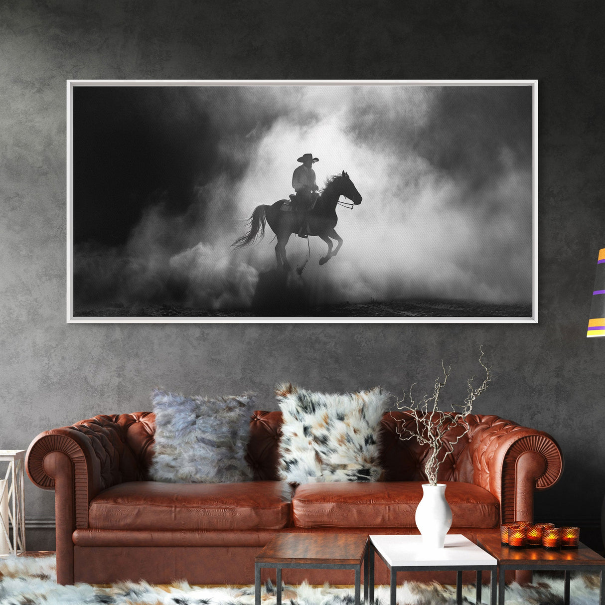 Silhouette of Cowboy on Horse in Dusty Arena, Framed Canvas Print for Western Style Home, Perfect Living Room Decor, Art for Bedroom