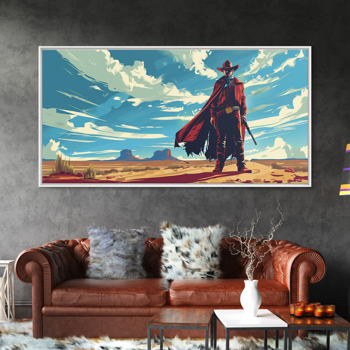 Lone Cowboy in Expansive Desert Landscape, Stunning Wall Art, Framed Canvas Print, Boho Living Room Decor, Western Home Decoration