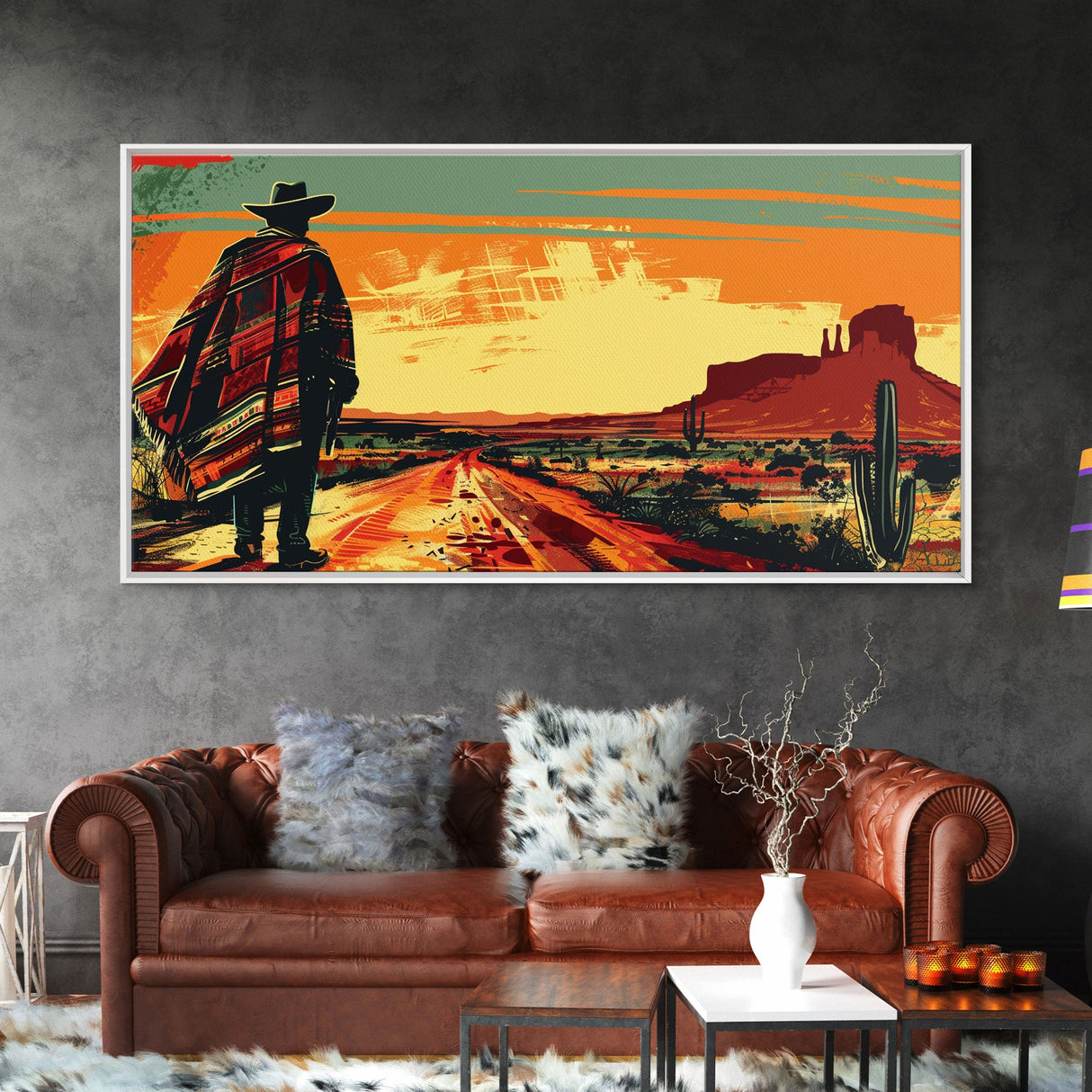 Abstract Cowboy in Desert Sunset Scene, Boho Bedroom Art, Framed Canvas Print, Modern Living Room Decoration, Rustic Wall Art