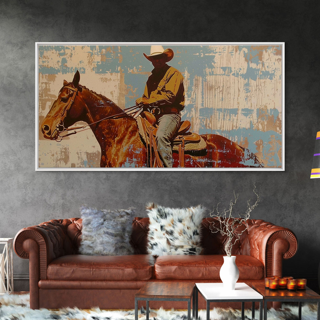 Minimalist Cowboy in Desert Scene, Boho Bedroom Art, Framed Canvas Print, Rustic Living Room Decoration, Western Wall Art