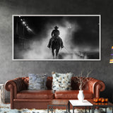 Mysterious Cowboy Riding Through Smoke at Night, Framed Canvas Print for Living Room, Ideal Western Bedroom Decor, Wall Art