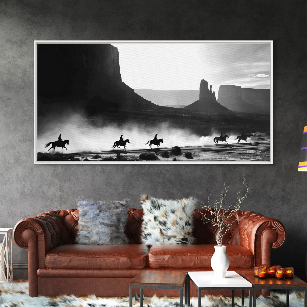 Western Riders Traversing Desert Valley, Captivating Framed Canvas Print, Wall Art for Living Room or Bedroom, Unique Decor