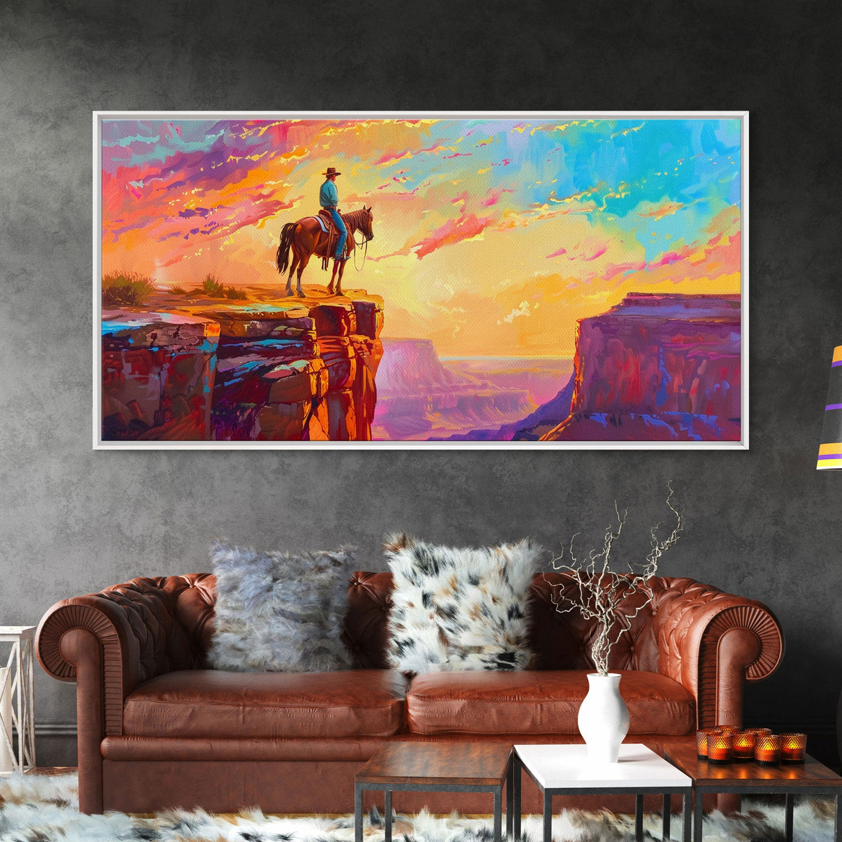 Lone Cowboy at Canyon Edge During Sunset, Farmhouse Style Framed Canvas Print for Bedroom Wall Art, Rustic Home Decor, Western Landscape