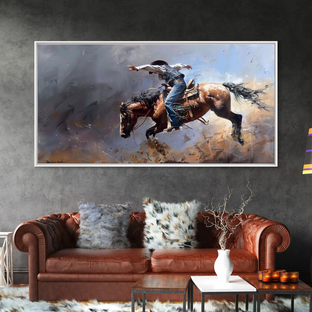 Powerful Rodeo Horse in Mid-Buck, Striking Framed Canvas Print, Perfect for Living Room Art, Western Bedroom Decor, Cowboy Wall Art